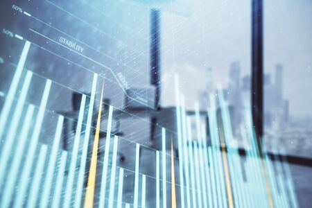 Forex chart hologram with minimalistic cabinet interior background. Double exposure. Stock market concept.の写真素材