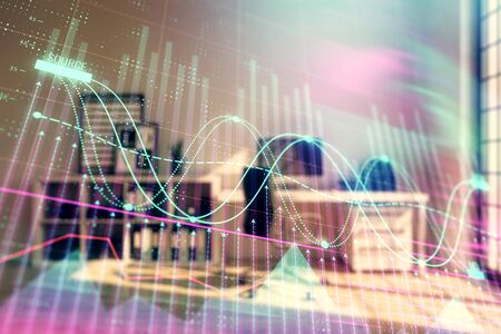 Forex chart hologram with minimalistic cabinet interior background. Double exposure. Stock market concept.の写真素材