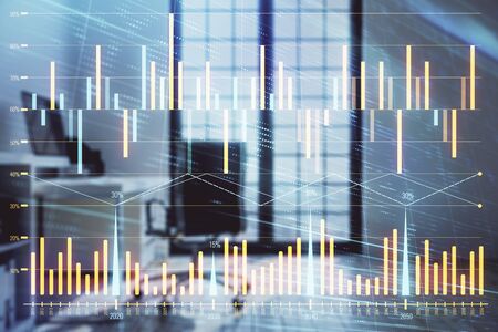 Forex chart hologram with minimalistic cabinet interior background. Double exposure. Stock market concept.の写真素材