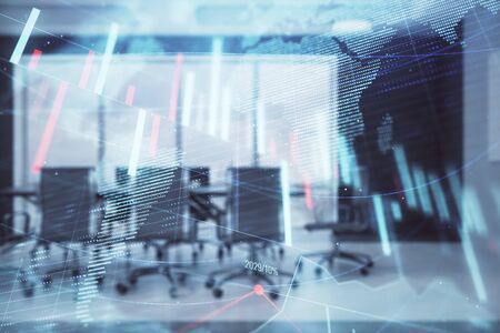 Double exposure of stock market graph with globe hologram on conference room background. Concept of international financeの写真素材