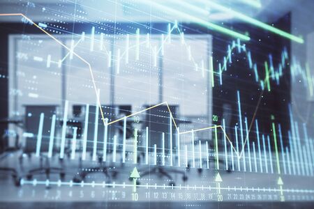 Double exposure of forex chart on conference room background. Concept of stock market analysisの写真素材
