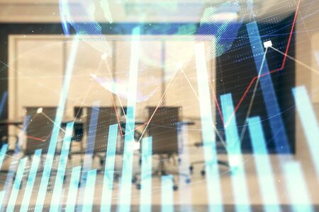 Double exposure of stock market graph with globe hologram on conference room background. Concept of international financeの写真素材