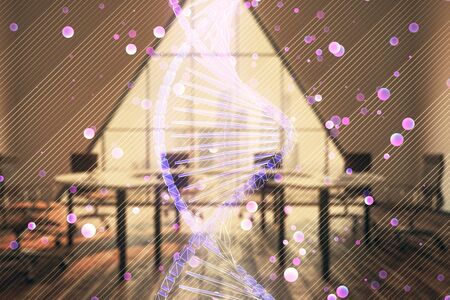 Double exposure of DNA hologram on conference room background. Concept of educationの写真素材