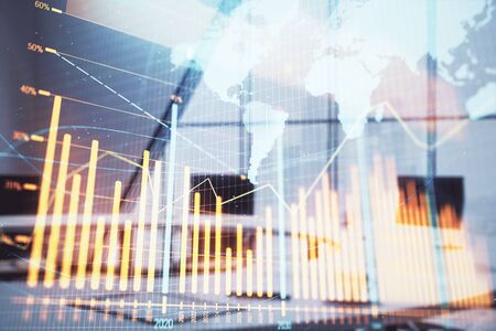 Double exposure of stock market graph with globe hologram on conference room background. Concept of international financeの写真素材