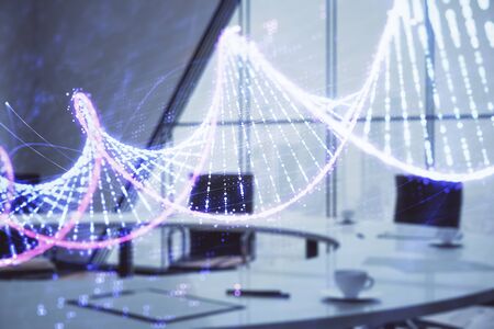 Double exposure of DNA hologram on conference room background. Concept of educationの写真素材