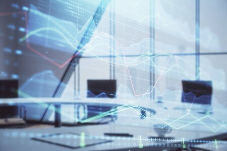 Double exposure of forex chart on conference room background. Concept of stock market analysisの写真素材