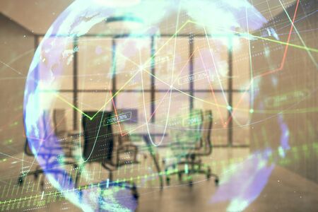Double exposure of stock market graph with globe hologram on conference room background. Concept of international financeの写真素材