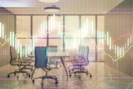 Multi exposure of stock market graph on conference room background. Concept of financial analysisの写真素材