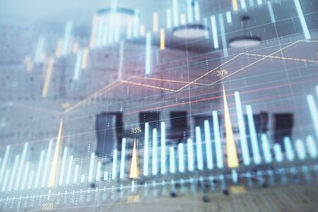 Multi exposure of stock market graph on conference room background. Concept of financial analysisの写真素材