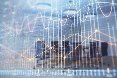 Multi exposure of stock market graph on conference room background. Concept of financial analysisの写真素材