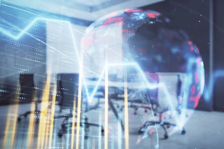 Double exposure of stock market graph with globe hologram on conference room background. Concept of international financeの写真素材