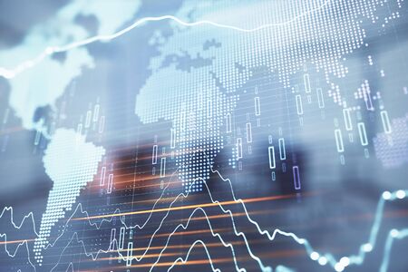Double exposure of stock market graph with globe hologram on conference room background. Concept of international financeの写真素材