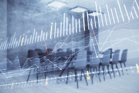 Multi exposure of stock market graph on conference room background. Concept of financial analysisの写真素材