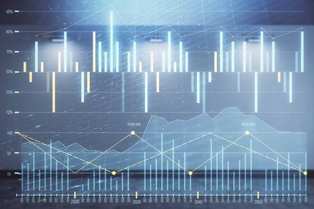 Double exposure of financial graph on empty room interior background. Forex market concept.の写真素材