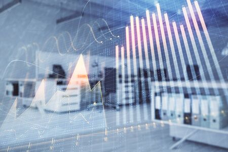 Stock market chart with trading desk bank office interior on background. Double exposure. Concept of financial analysisの写真素材