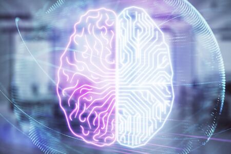Human brain drawing with office interior on background. Double exposure. Concept of innovation.の写真素材