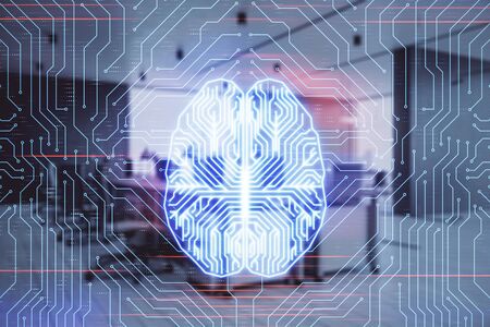 Human brain drawing with office interior on background. Double exposure. Concept of innovation.の写真素材