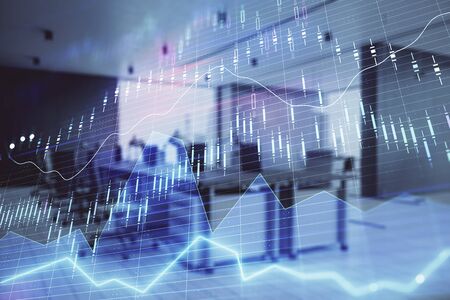 Stock market chart with trading desk bank office interior on background. Double exposure. Concept of financial analysisの写真素材