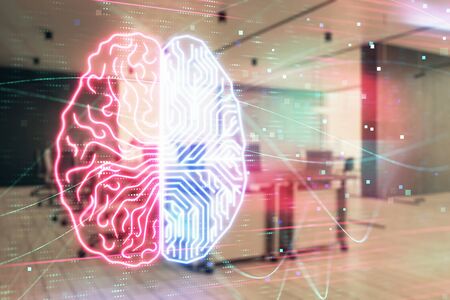 Human brain drawing with office interior on background. Double exposure. Concept of innovation.の写真素材