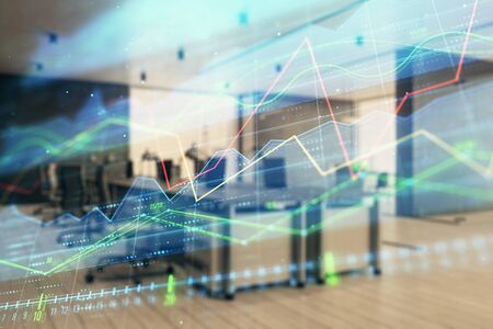 Stock market chart with trading desk bank office interior on background. Double exposure. Concept of financial analysisの写真素材