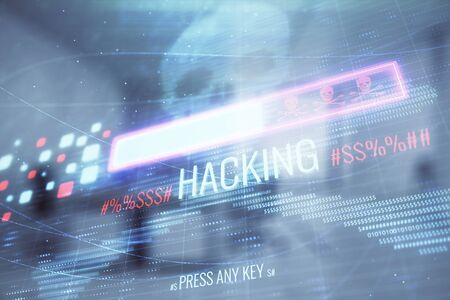 Hacking theme hologram with office interior on background. Double exposure. Concept of cyber piracyの写真素材