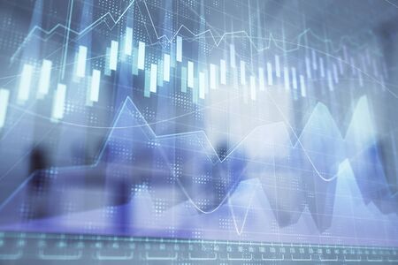 Stock market chart with trading desk bank office interior on background. Double exposure. Concept of financial analysisの写真素材