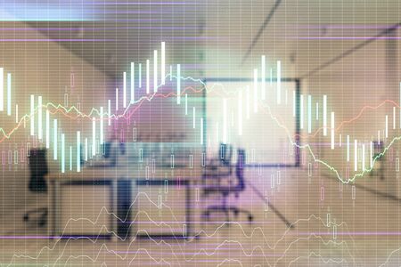 Stock market chart with trading desk bank office interior on background. Double exposure. Concept of financial analysisの写真素材