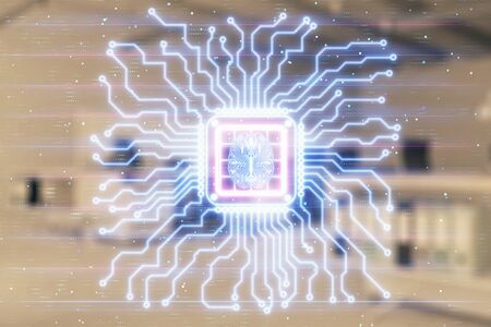 Human brain drawing with office interior on background. Double exposure. Concept of innovation.の写真素材