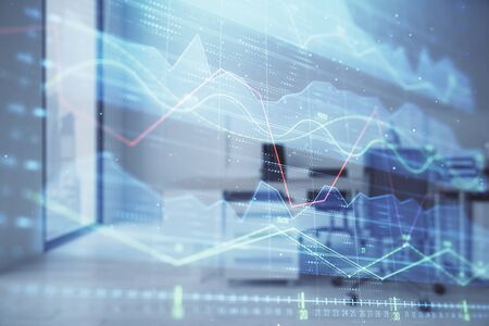 Stock market chart with trading desk bank office interior on background. Double exposure. Concept of financial analysisの写真素材