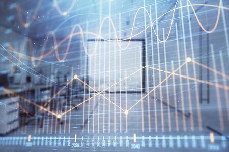 Stock market chart with trading desk bank office interior on background. Double exposure. Concept of financial analysisの写真素材