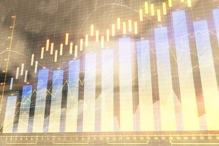Stock market chart with trading desk bank office interior on background. Double exposure. Concept of financial analysisの写真素材