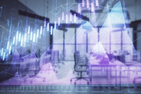 Stock and bond market graph with trading desk bank office interior on background. Multi exposure. Concept of financial analysisの写真素材