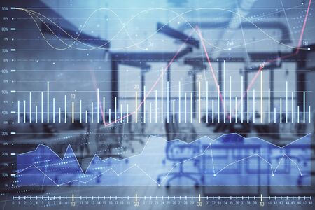 Stock and bond market graph with trading desk bank office interior on background. Multi exposure. Concept of financial analysisの写真素材
