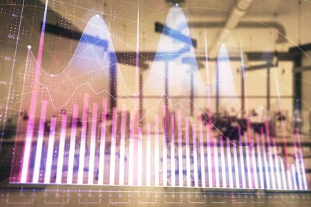 Stock and bond market graph with trading desk bank office interior on background. Multi exposure. Concept of financial analysisの写真素材