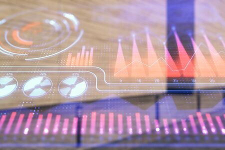 Double exposure of abstract business hologram on empty exterior background.の写真素材