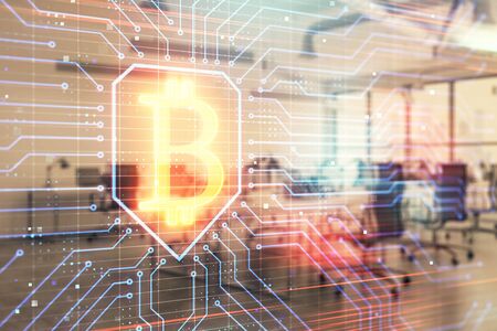 Cryptocurrency theme drawing with office interior background. Double exposure. Concept of blockchain.の写真素材