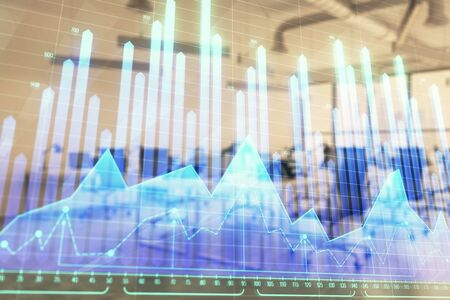 Stock and bond market graph with trading desk bank office interior on background. Multi exposure. Concept of financial analysisの写真素材