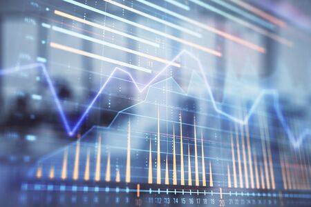 Stock and bond market graph with trading desk bank office interior on background. Multi exposure. Concept of financial analysisの写真素材