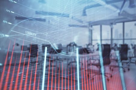 Stock and bond market graph with trading desk bank office interior on background. Multi exposure. Concept of financial analysisの写真素材