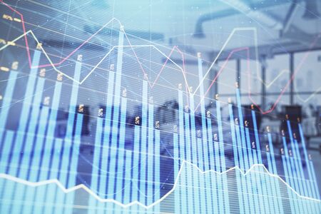 Stock and bond market graph with trading desk bank office interior on background. Multi exposure. Concept of financial analysisの写真素材