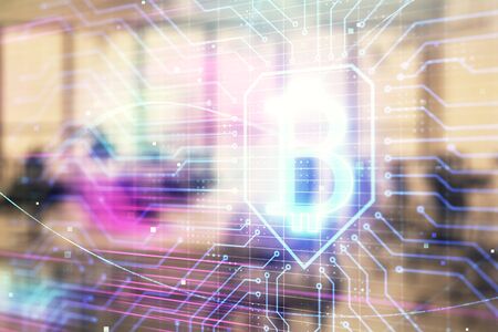 Cryptocurrency theme drawing with office interior background. Double exposure. Concept of blockchain.の写真素材