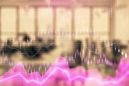 Stock and bond market graph with trading desk bank office interior on background. Multi exposure. Concept of financial analysisの写真素材