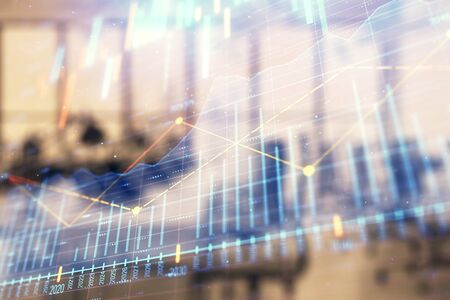 Stock and bond market graph with trading desk bank office interior on background. Multi exposure. Concept of financial analysisの写真素材