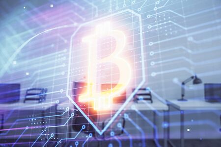 Cryptocurrency theme drawing with office interior background. Double exposure. Concept of blockchain.の写真素材