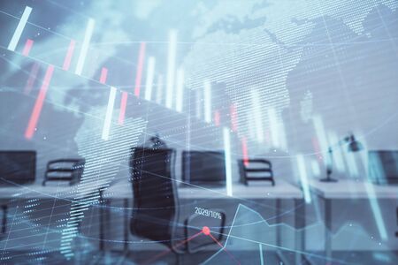Stock and bond market graph and world map with trading desk bank office interior on background. Multi exposure. Concept of international financeの写真素材