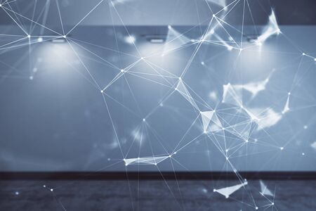 Double exposure of abstract technology hologram on empty room interior background.の写真素材