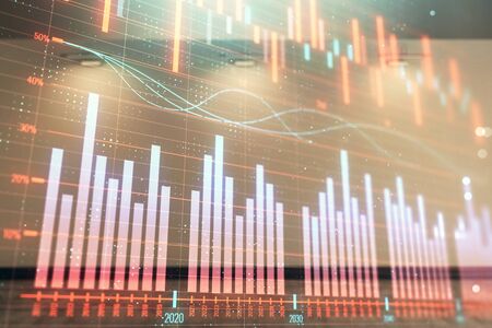 Double exposure of financial graph on empty room interior background. Forex market concept.の写真素材