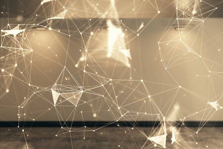 Double exposure of abstract technology hologram on empty room interior background.の写真素材