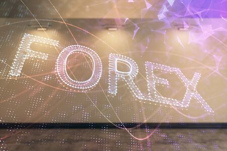 Double exposure of financial graph on empty room interior background. Forex market concept.の写真素材