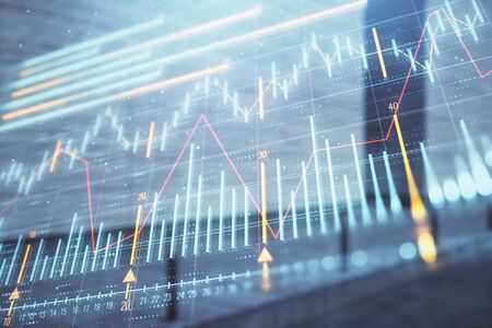 Double exposure of stock market graph on empty exterior background. Concept of analysisの写真素材